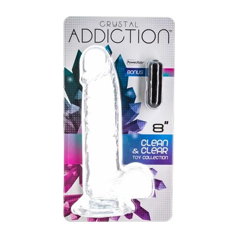 Addiction Crystal Dildo w Balls, 8in/20cm, Clear