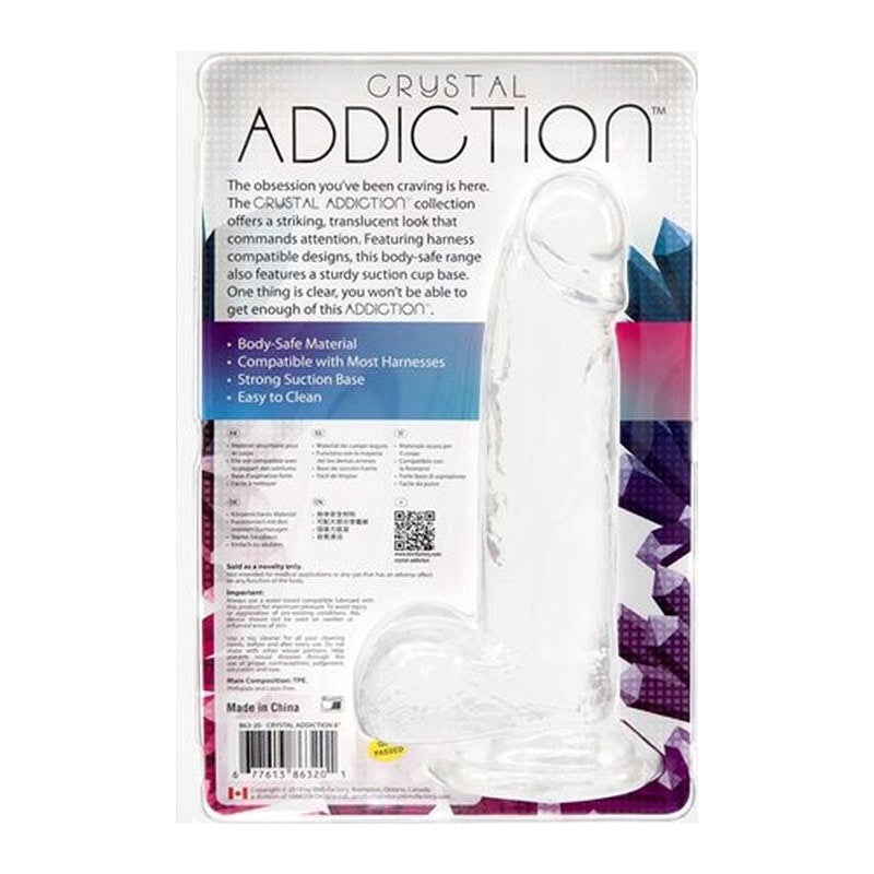 Addiction Crystal Dildo w Balls, 8in/20cm, Clear
