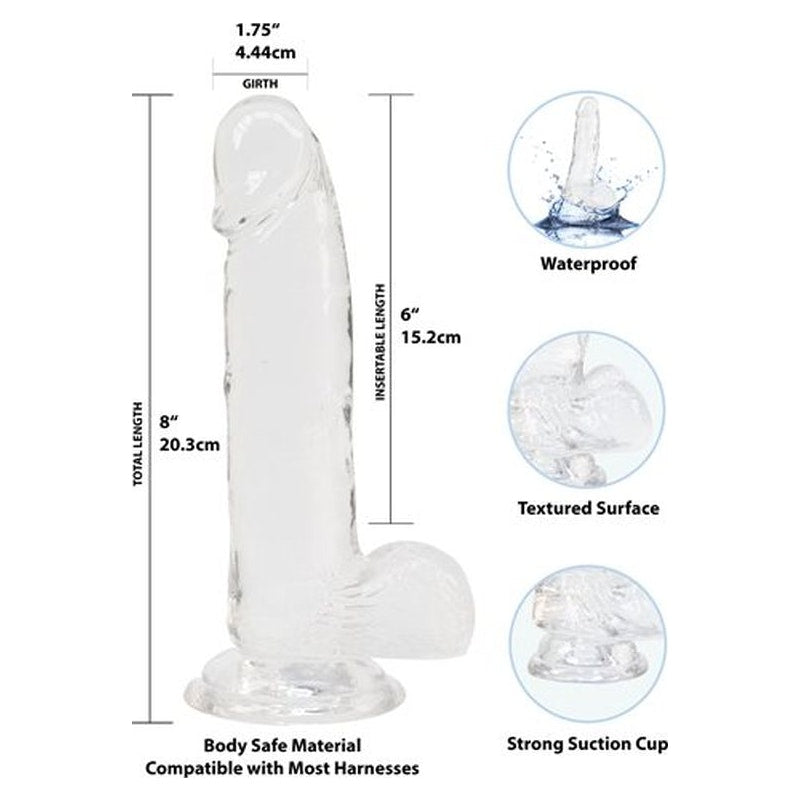Addiction Crystal Dildo w Balls, 8in/20cm, Clear