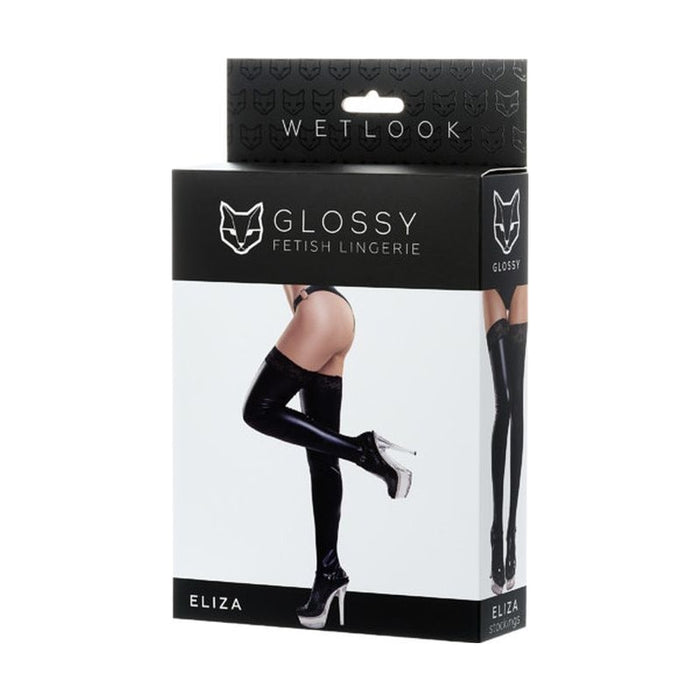 Glossy Eliza Wetlook Stockings with Lace Insert, Black, S-XL