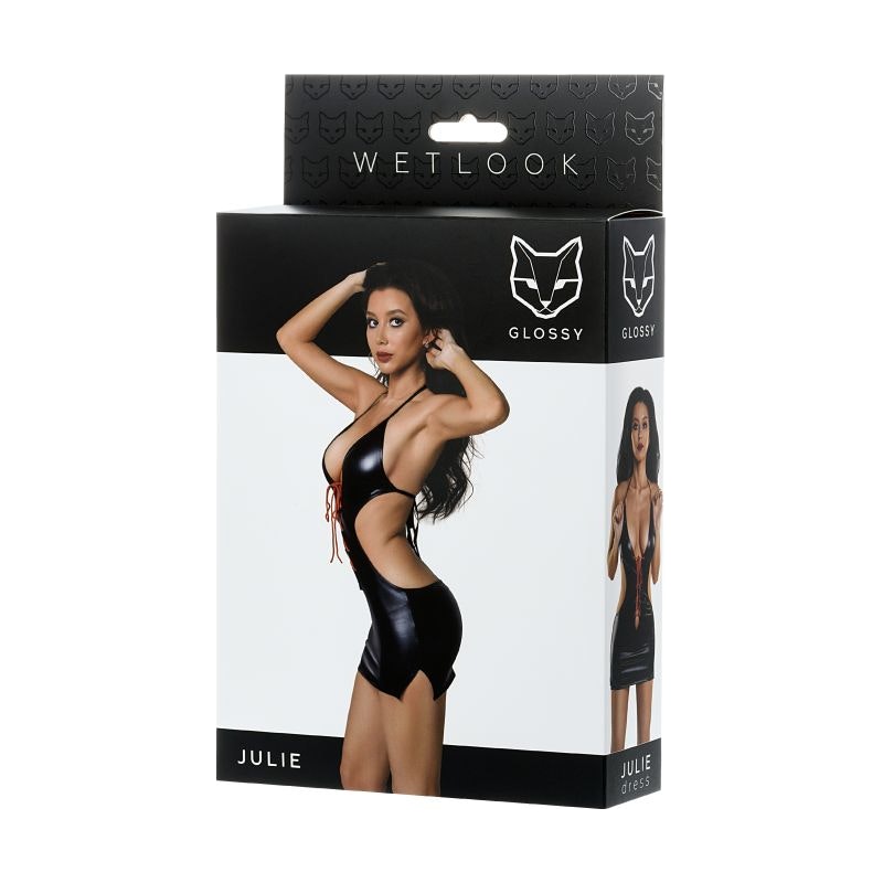 Glossy Julie Dress Wetlook w Red Laces, Black, S-XL