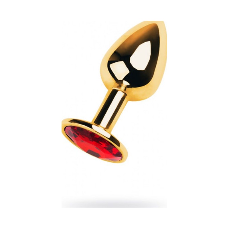 Gold Metal Anal Plug w Red Ruby Gem, Small (7cm)
