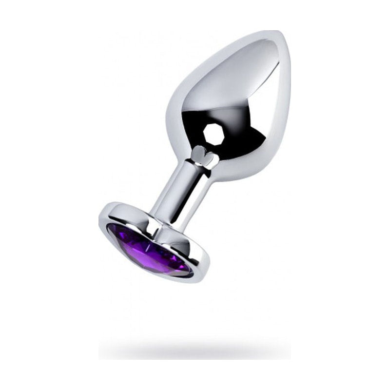 Metal Silver Anal Plug w Amethyst Heart Crystal, Medium
