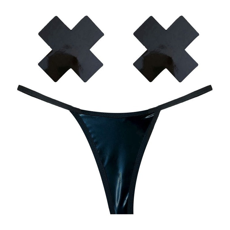 Neva Nude Dom Squad Wet Vinyl Pastie & G-String Set, Black, O/S