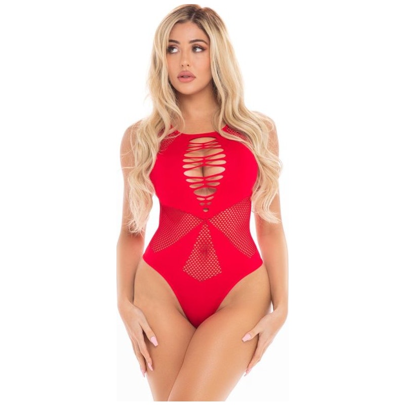 Pink Lipstick Duchess High Neck Bodysuit, Black/Red, Queen/One Size