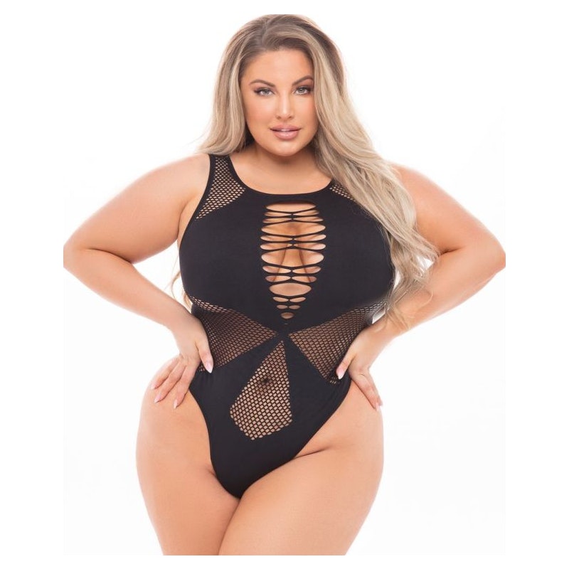 Pink Lipstick Duchess High Neck Bodysuit, Black/Red, Queen/One Size