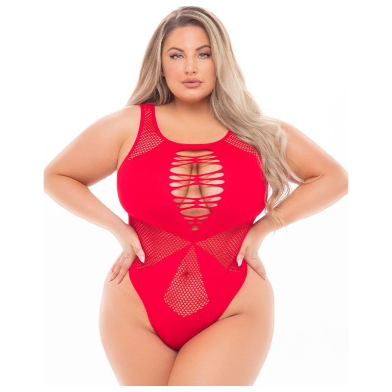 Pink Lipstick Duchess High Neck Bodysuit, Black/Red, Queen/One Size