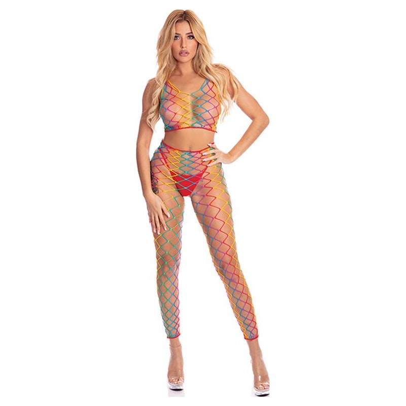 Rainbow 2 Pc Bodystocking O/S - Pink Lipstick