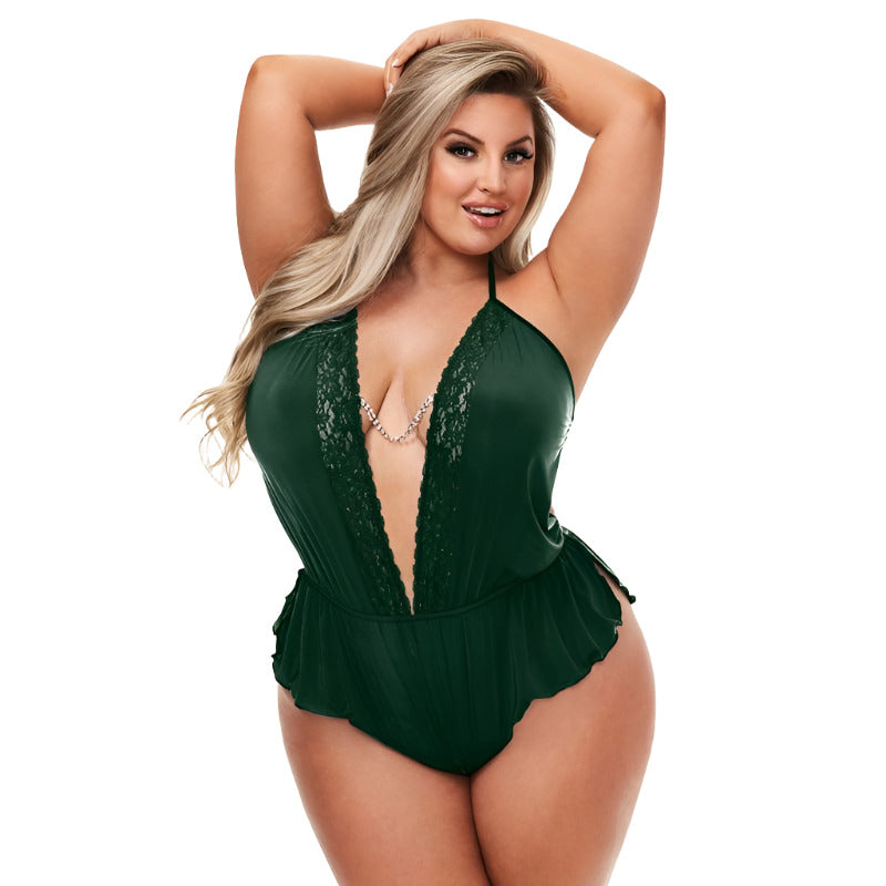 Baci Lingerie Sexy Satin Teddy, Black/Green, Queen SIze