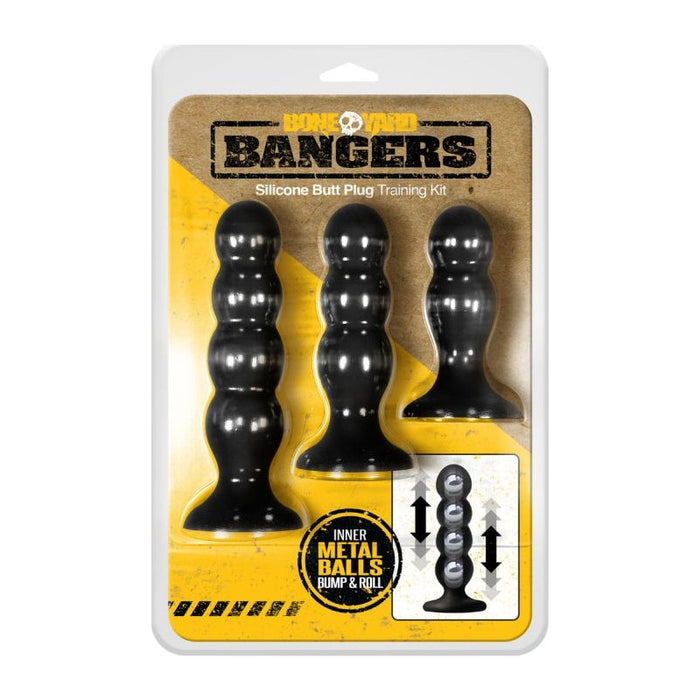 Boneyard Bangers 3-piece Silicone Butt Plug Training Kit, Black