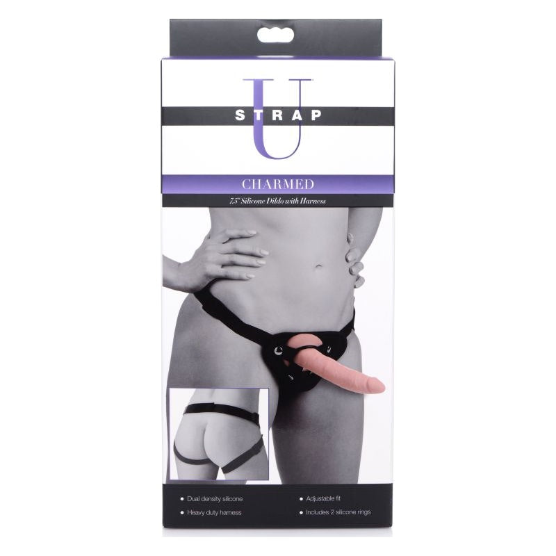 Charmed 7.5" Silicone Dildo w Harness, Flesh