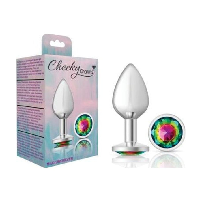 Cheeky Charms Silver Round Butt Plug w Rainbow Jewel Medium