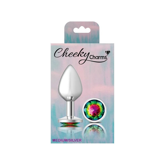 Cheeky Charms Silver Round Butt Plug w Rainbow Jewel Medium