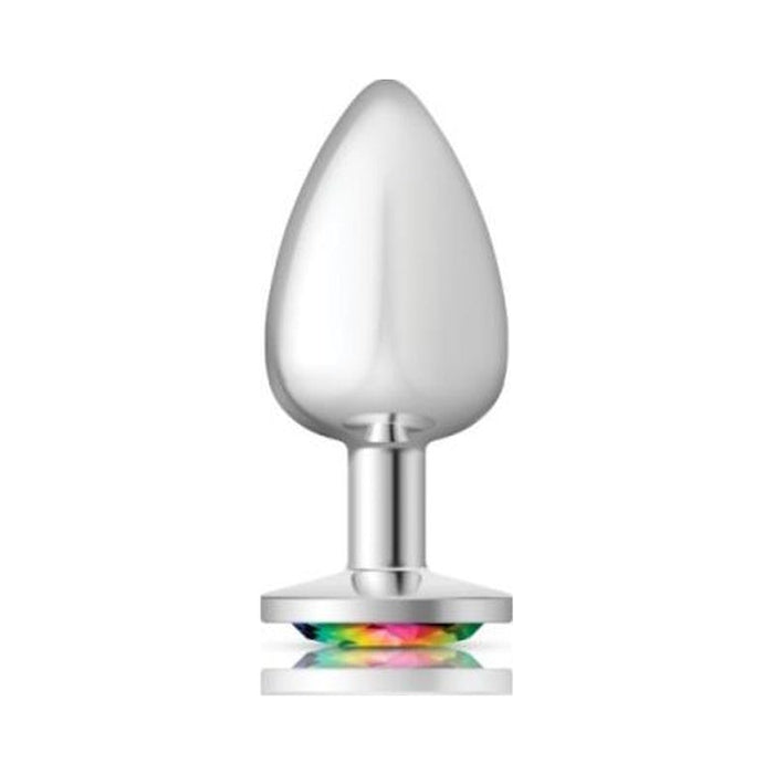 Cheeky Charms Silver Round Butt Plug w Rainbow Jewel Large