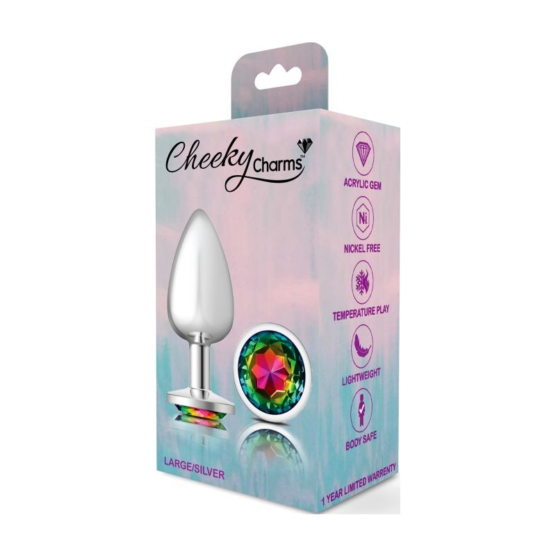 Cheeky Charms Silver Round Butt Plug w Rainbow Jewel Large