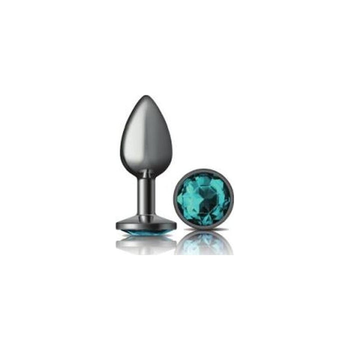 Cheeky Charms Butt Plug w Teal Jewel, Small, Gun Metal