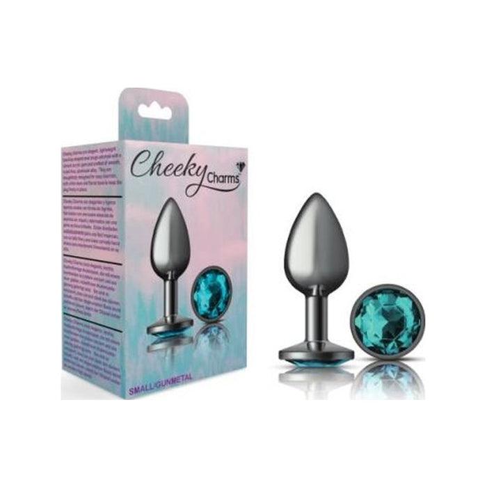 Cheeky Charms Butt Plug w Teal Jewel, Small, Gun Metal