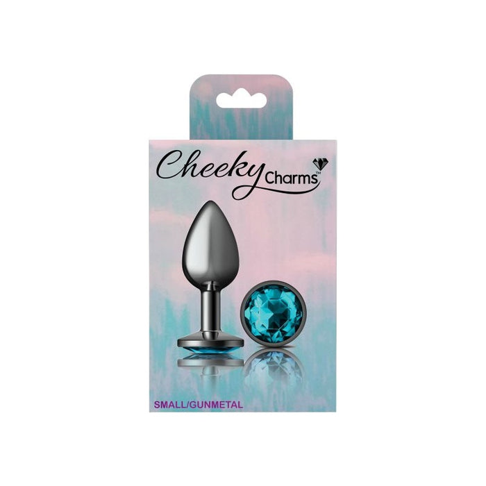 Cheeky Charms Butt Plug w Teal Jewel, Small, Gun Metal