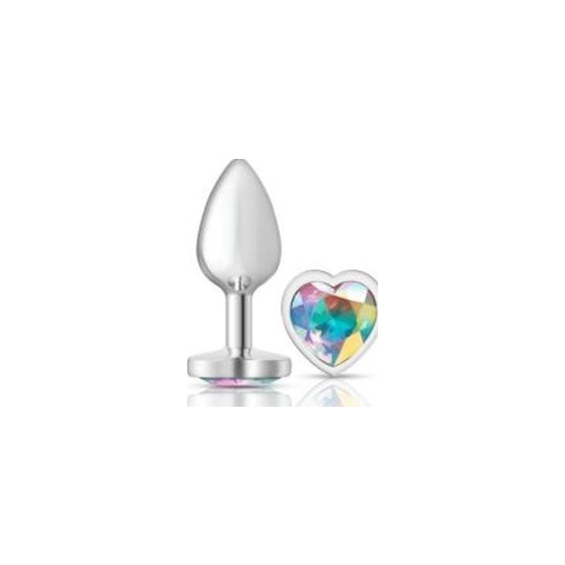 Cheeky Charms Silver Metal Butt Plug w Heart Clear Jewel Small
