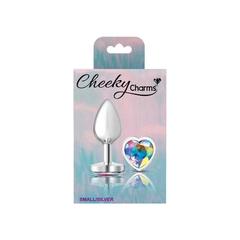 Cheeky Charms Silver Metal Butt Plug w Heart Clear Jewel Small