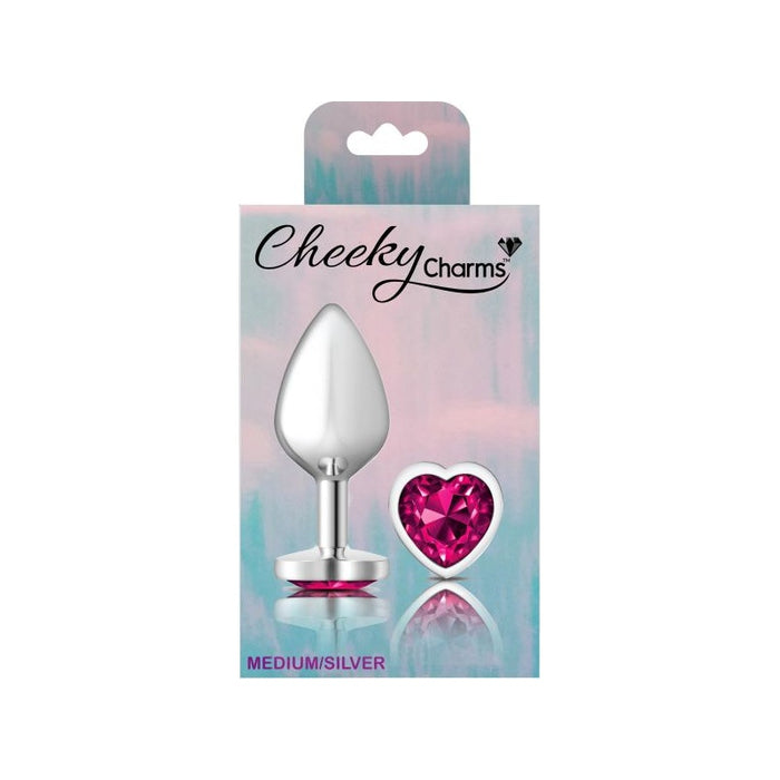 Cheeky Charms Silver Metal  Butt Plug w Heart Pink Jewel Medium