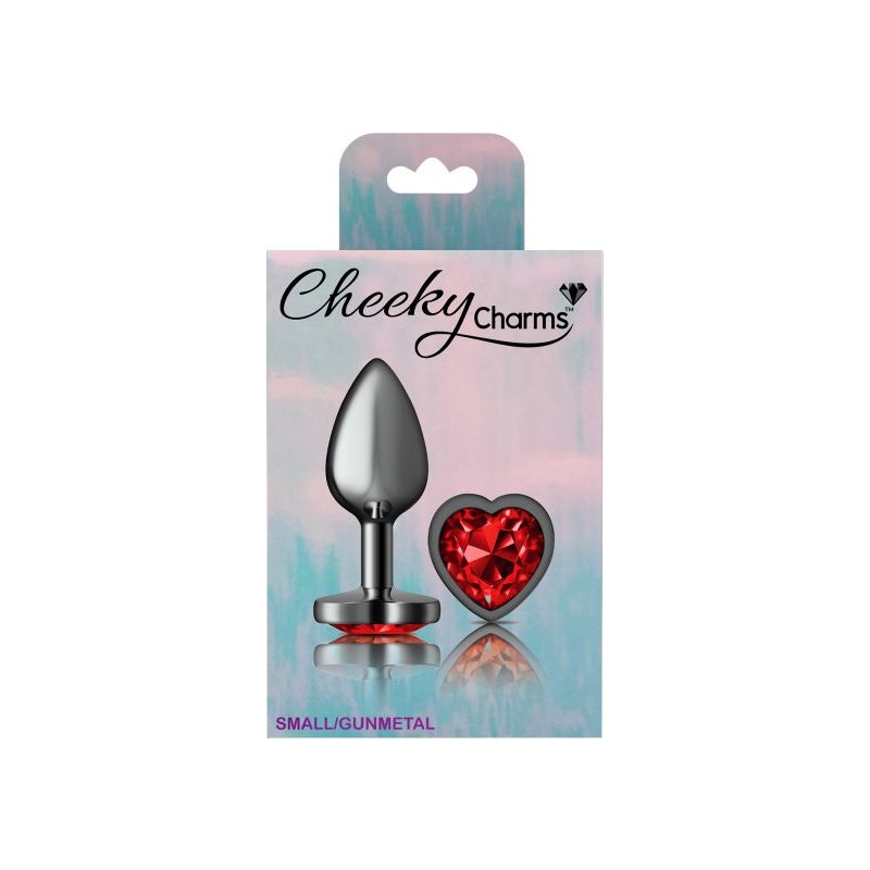 Cheeky Charms Gunmetal  Butt Plug w Heart Red Jewel Small