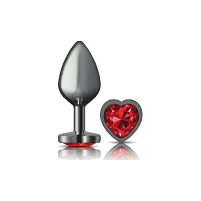 Cheeky Charms Gunmetal  Butt Plug w Heart Red Jewel Medium