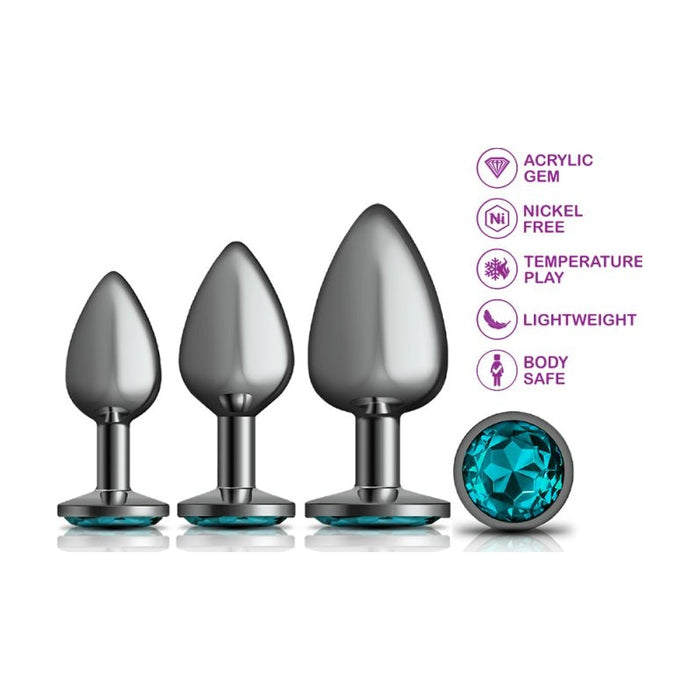 Cheeky Charms Round Metal Butt Plug, 3-piece kit with Teal Jewel, Gun Metal