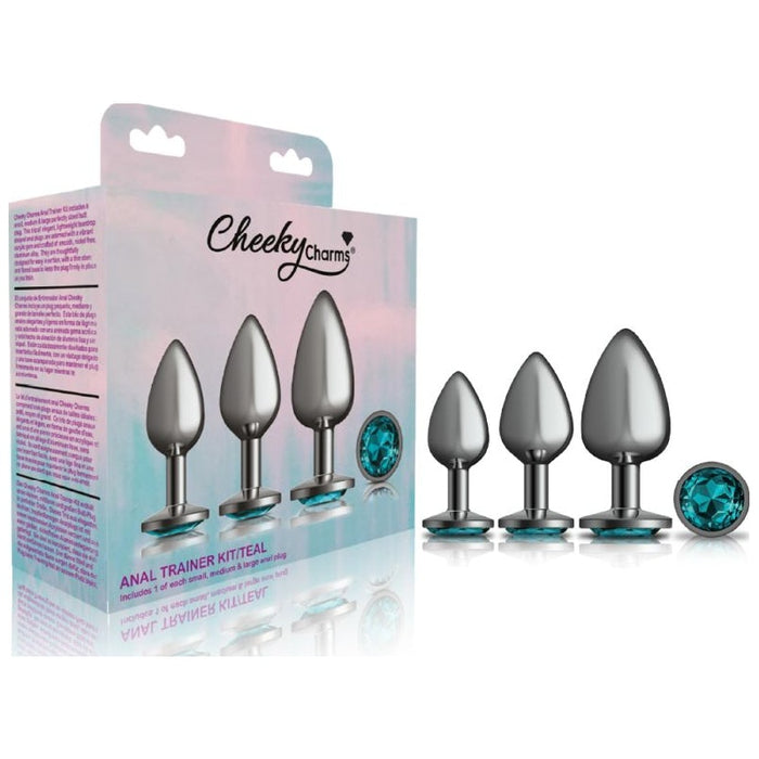 Cheeky Charms Round Metal Butt Plug, 3-piece kit with Teal Jewel, Gun Metal