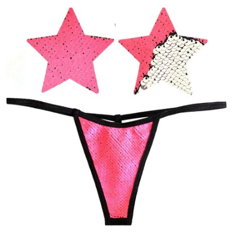 Neva Nude 'Bitchin Neon Pink and Silver Blacklight Sequin Pastie & Panty Set