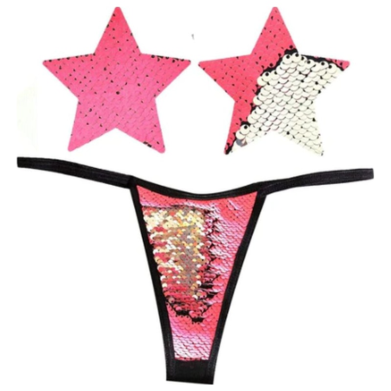 Neva Nude 'Bitchin Neon Pink and Silver Blacklight Sequin Pastie & Panty Set