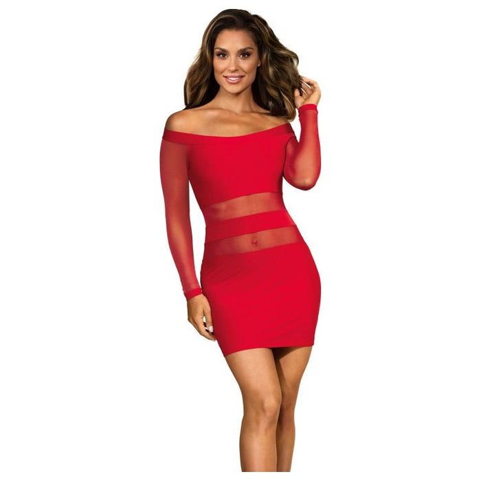 Axami Lingerie Off The Shoulder Mesh Panel Dress, Red/Black, S/M