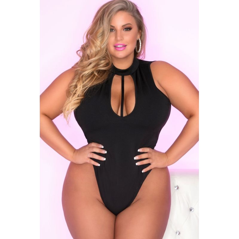 Pink Lipstick Taking Risks Choker Bodysuit, Black, 3X/4X