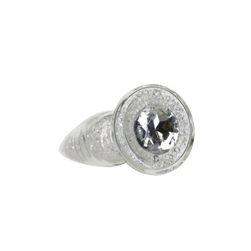 Angled view of Pillow Talk Fancy Luxurious Glass Anal Plug with Clear Gem