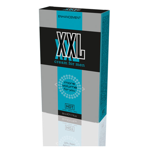 XXL Enhancement cream for men. More volume for you. 50ml. HOT - London - Miami - Tokyo. Grey, black and blue rectangular box.