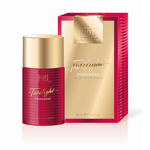 Red and gold box beside bottle. HOT Twilight pheromone eau de parfum women 50ml.