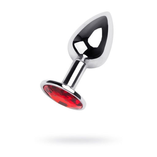 Metal Anal Plug with Red Ruby Gem, Small (7cm), Silver