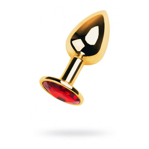 Gold Metal Anal Plug w Red Ruby Gem, Small (7cm)