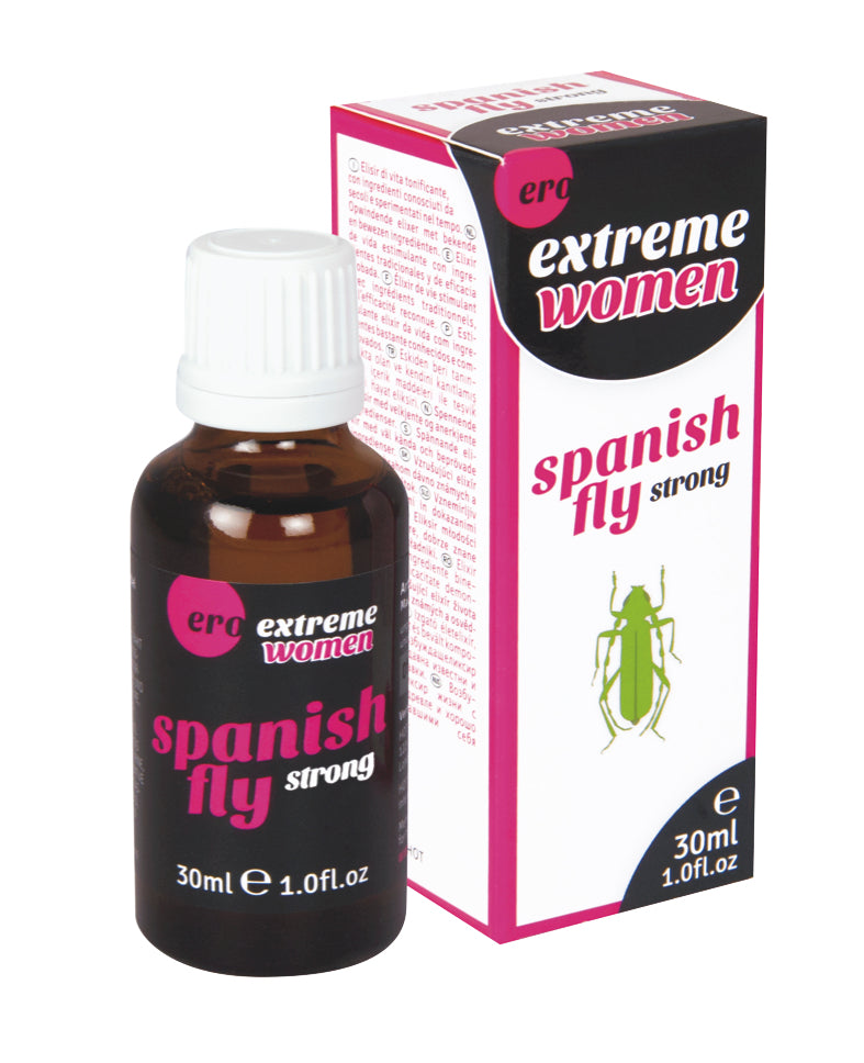 Bottle and rectangular packge. Ero Extreme Woman Spanish Fly strong. 30ml, 1.0 fl.oz. 