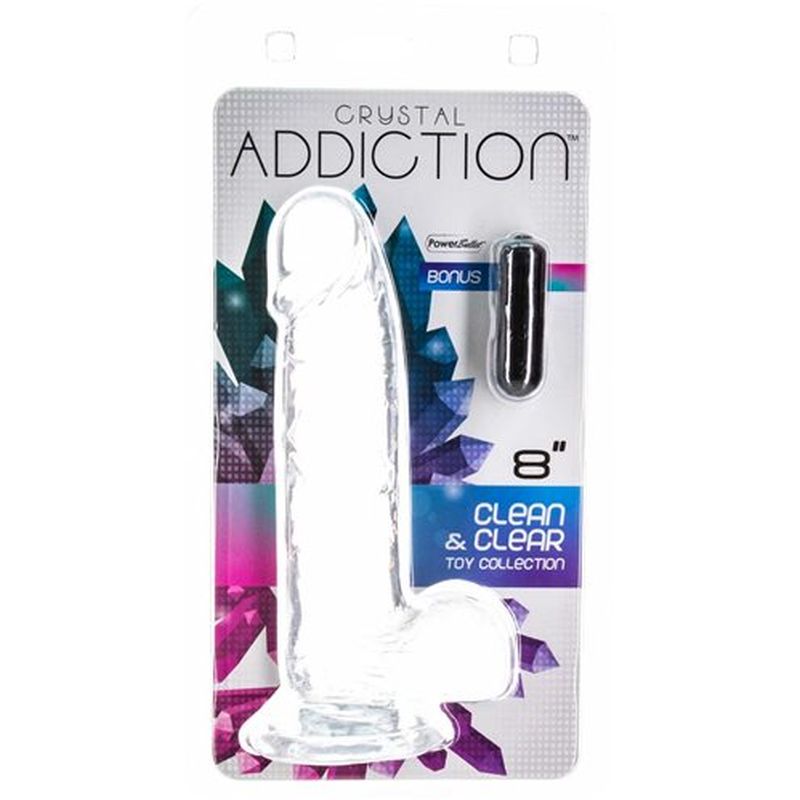 Addiction Crystal Dildo w Balls, 8in/20cm, Clear