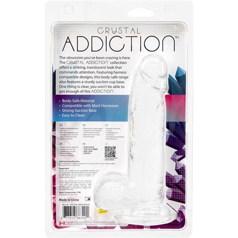 Addiction Crystal Dildo w Balls, 8in/20cm, Clear