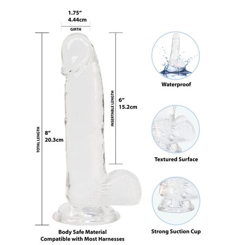 Addiction Crystal Dildo w Balls, 8in/20cm, Clear