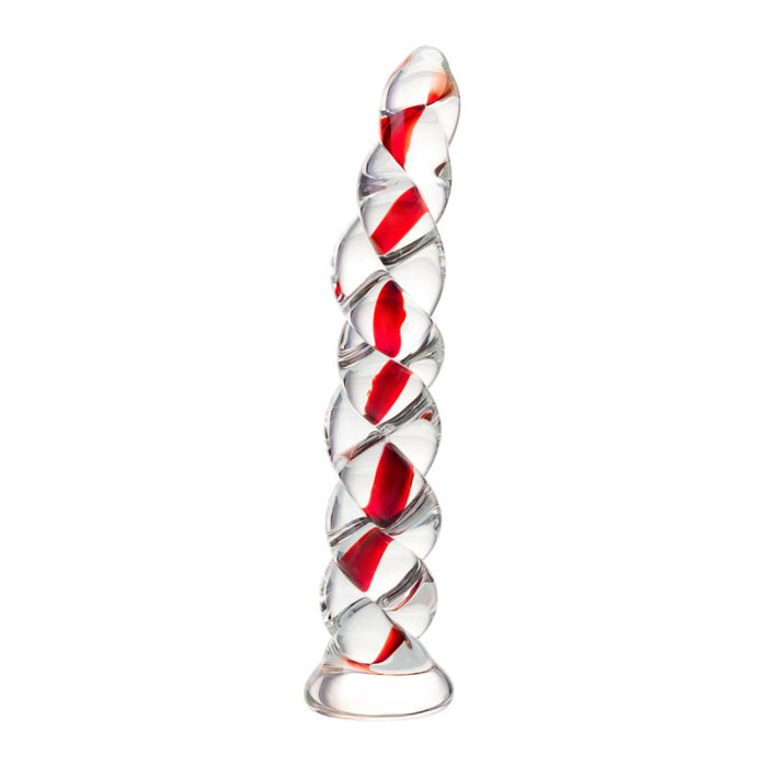 Sexus Red Ribbed Glass Dildo, 18.2cm, Clear