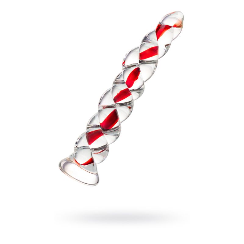 Sexus Red Ribbed Glass Dildo, 18.2cm, Clear