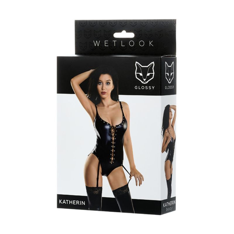 Glossy Katherin Wetlook Lace Up Bodysuit, Black, S-XL
