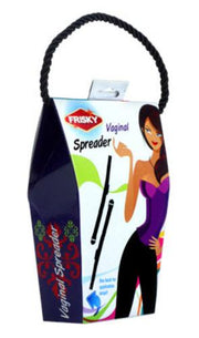 Frisky Vaginal Spreader. Box with smiling cartoon woman in a bustier. Also showing spreader straps.