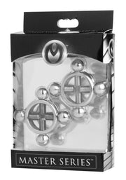 A set of stainless steel nipple presses in a clear package, showing the heavy metal construction with intricate designs.