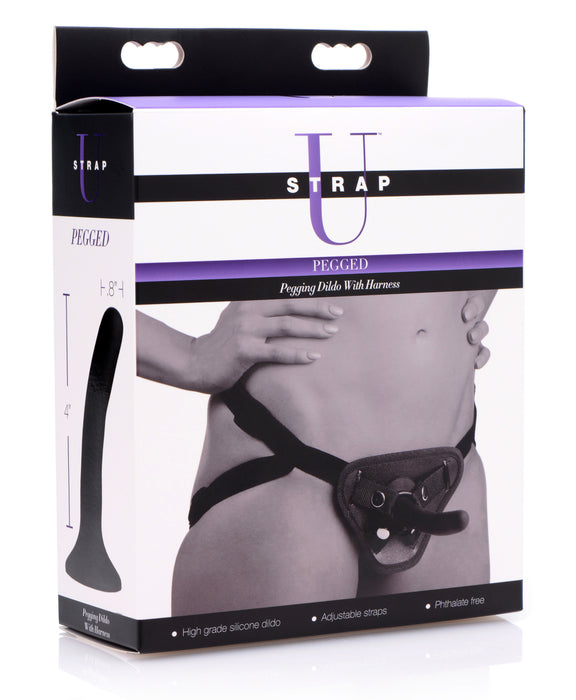 Strap U Pegging Dildo with Harness, 4" insertable, Black