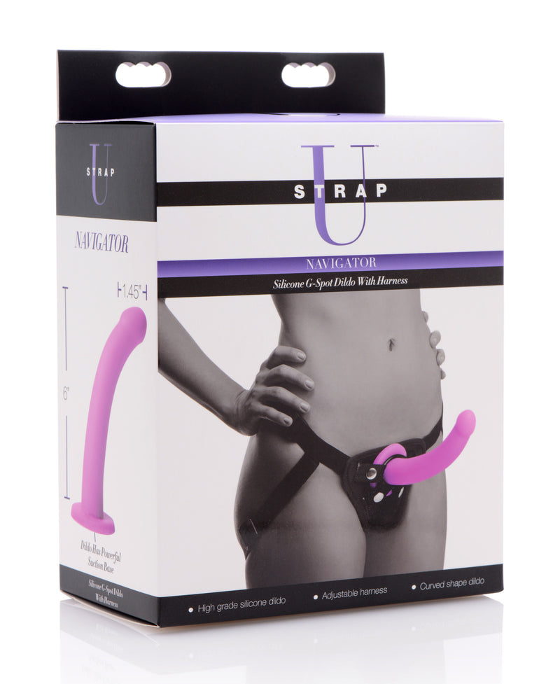 Strap U Navigator Silicone G-Spot Dildo with Harness, Purple