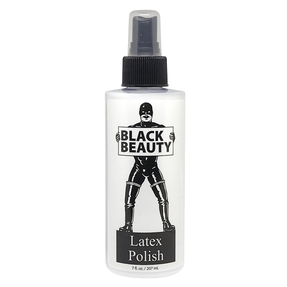 Black Beauty Latex Polish. White spray bottle with black writing and graphics. 207ml